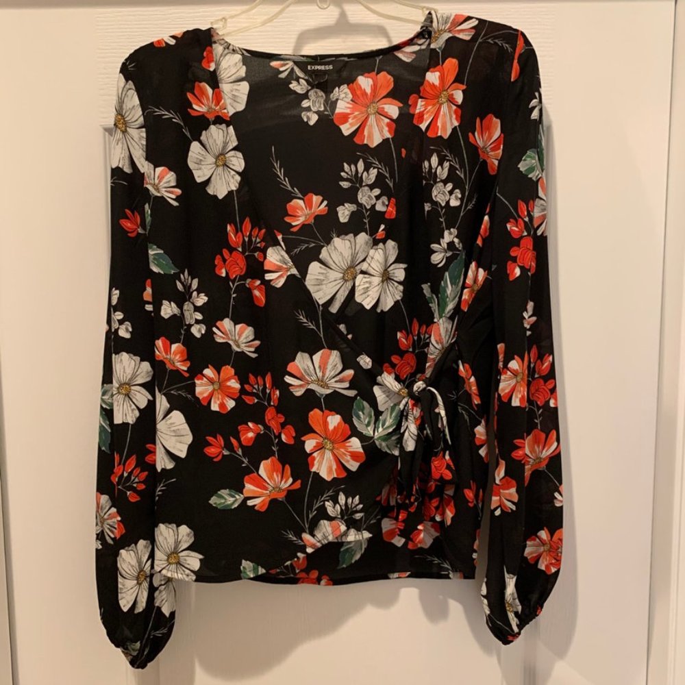 Floral Wrap-Style Long Sleeve Top - Black with Red & White Flowers